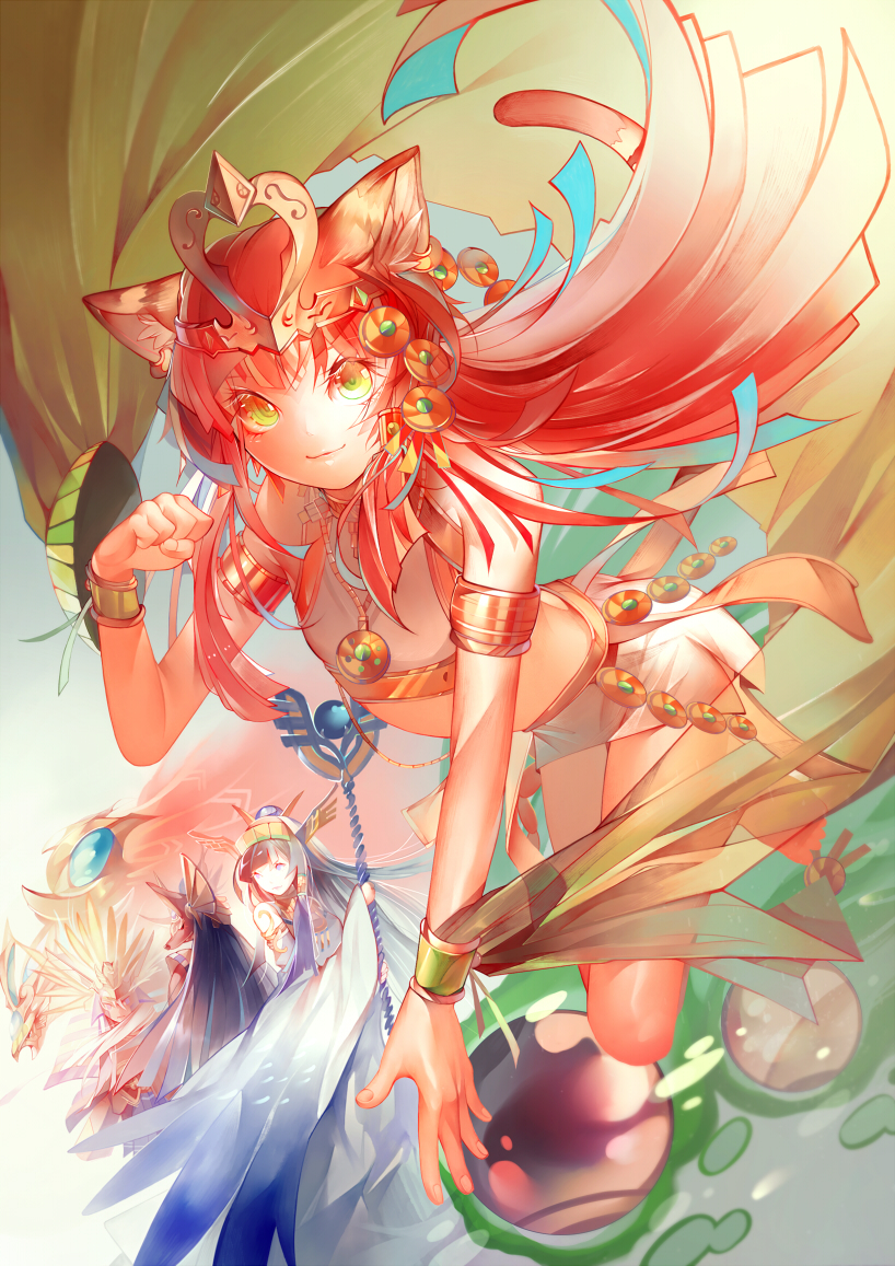 1girl, alternate_hair_color, ancient_egyptian, animal_ears, anubis_(p&amp;d), barefoot, bastet_(p&amp;d), cat_ears, cat_tail, dark-skinned_female, dark_skin, female_focus, fumoe, green_eyes, horus_(p&amp;d), isis_(p&amp;d), jewelry, long_hair, lots_of_jewelry, puzzle_&amp;_dragons, ra_(p&amp;d), red_hair, solo, tail, very_long_hair