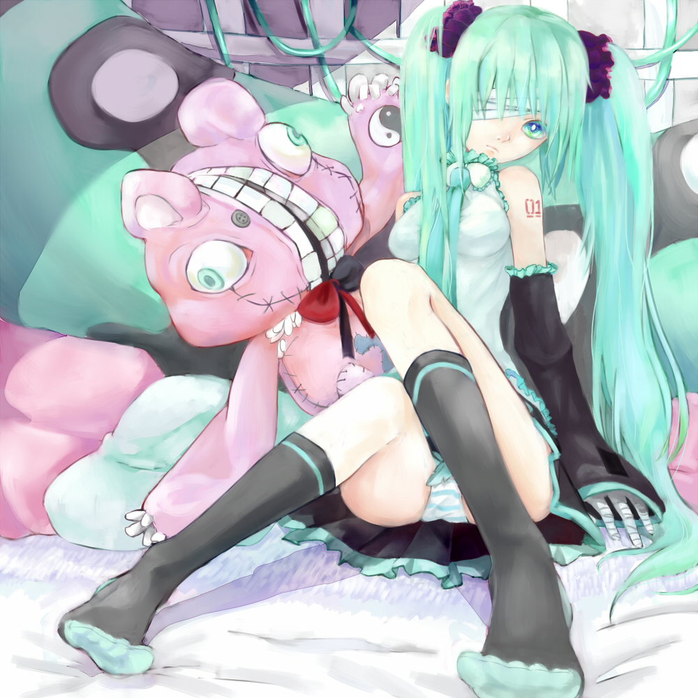 1girl, bandages, bare_shoulders, detached_sleeves, doll, green_eyes, green_hair, hatsune_miku, kneehighs, long_hair, nanayorik_(kiula_moeta), panties, sitting, socks, striped_clothes, striped_panties, twintails, underwear, vocaloid