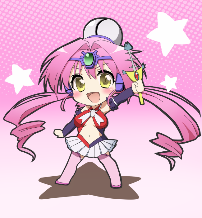 1girl, blush_stickers, breasts, bridal_gauntlets, chibi, clothing_cutout, drill_hair, female_focus