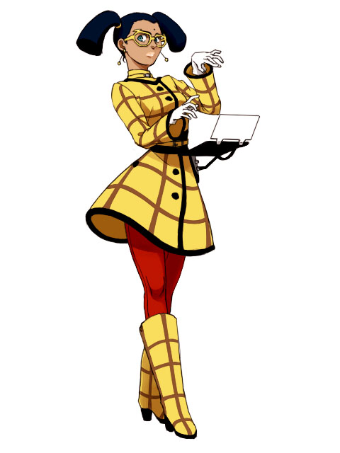 1girl, bindi, black_hair, blue_eyes, boots, character_request, computer, dark-skinned_female, dark_skin, dress, earrings, female_focus, glasses, gundam, jewelry, knee_boots, laptop, lipstick, makeup, pantyhose, plaid, red_pantyhose, short_twintails, sirocco, solo, turn_a_gundam, twintails