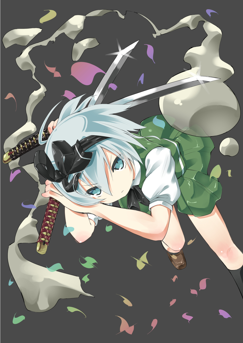 1girl, bad_id, bad_pixiv_id, blue_eyes, cou, dress_shirt, dual_wielding, female_focus, ghost, glint, grey_background, hair_ribbon, hairband, highres, hitodama, holding, katana, konpaku_youmu, konpaku_youmu_(ghost), no_nose, ribbon, serious, shirt, shoes, short_hair, silver_hair, skirt, socks, solo, sword, touhou, vest, weapon