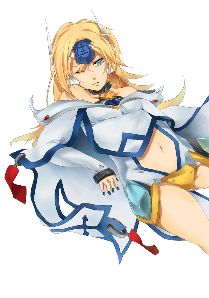 1girl, arc_system_works, bad_id, bad_pixiv_id, bare_shoulders, blazblue, blonde_hair, blue_eyes, breasts, cape, clothing_cutout, collar, crotch_plate, detached_sleeves, female_focus, forehead_protector, haruno14, long_hair, mu-12, nail_polish, navel, navel_cutout, one_eye_closed, small_breasts, solo, wink