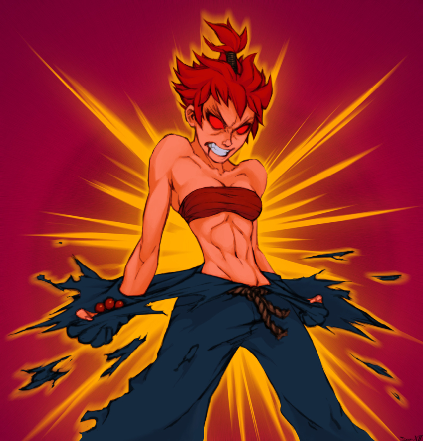1990s_(style), 1girl, abs, akuma_(street_fighter), akuma_(street_fighter)_(cosplay), bad_deviantart_id, bad_id, bare_shoulders, blood, blood_from_mouth, bracelet, breasts, capcom, cleavage, clenched_teeth, commentary, cosplay, dark_persona, dougi, female_focus, gender_request, genderswap, gsears, jewelry, kasugano_sakura, navel, no_pupils, red_eyes, red_hair, retro_artstyle, rope, sarashi, short_hair, small_breasts, solo, street_fighter, street_fighter_zero_(series), tan, tearing_clothes, teeth, toned, toned_female, topknot, torn_clothes