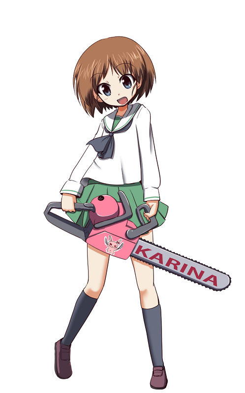 10s, 1girl, blue_eyes, brown_shoes, chainsaw, female_focus, fictional_sister, girls_und_panzer