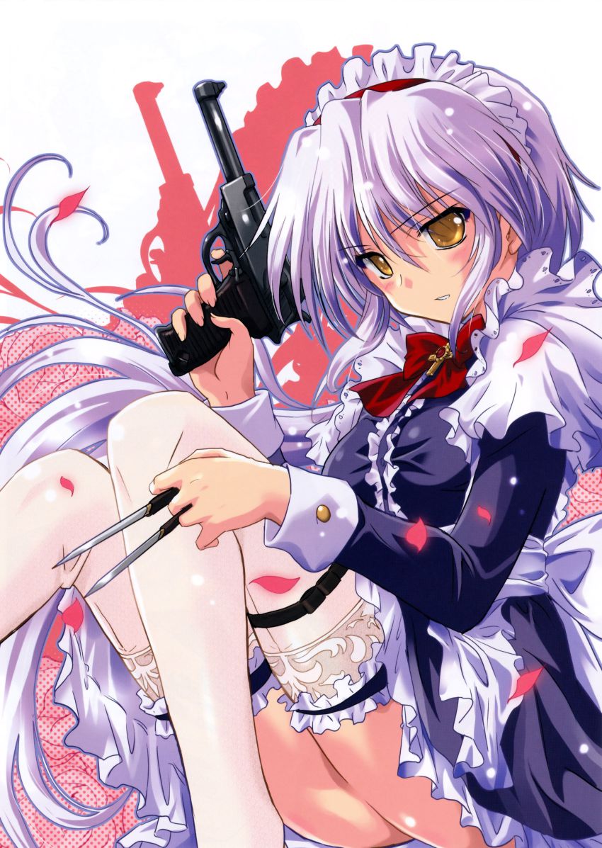 00s, 1girl, absurdres, back-seamed_legwear, blush, bow, bowtie, combat_maid