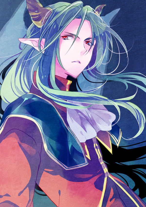 1boy, ascot, bad_id, bad_pixiv_id, blue_background, green_hair, horns, long_hair