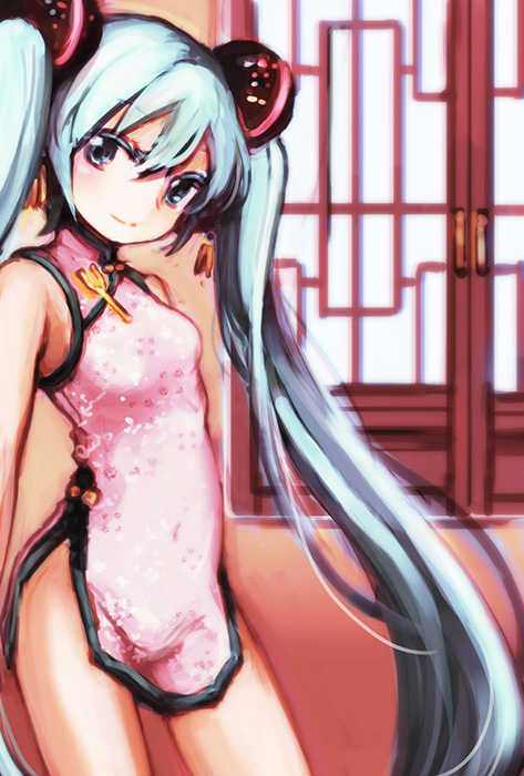 1girl, china_dress, chinese_clothes, dress, female_focus, hatsune_miku, long_hair, quipao, shinryou_rei, solo, twintails, very_long_hair, vocaloid
