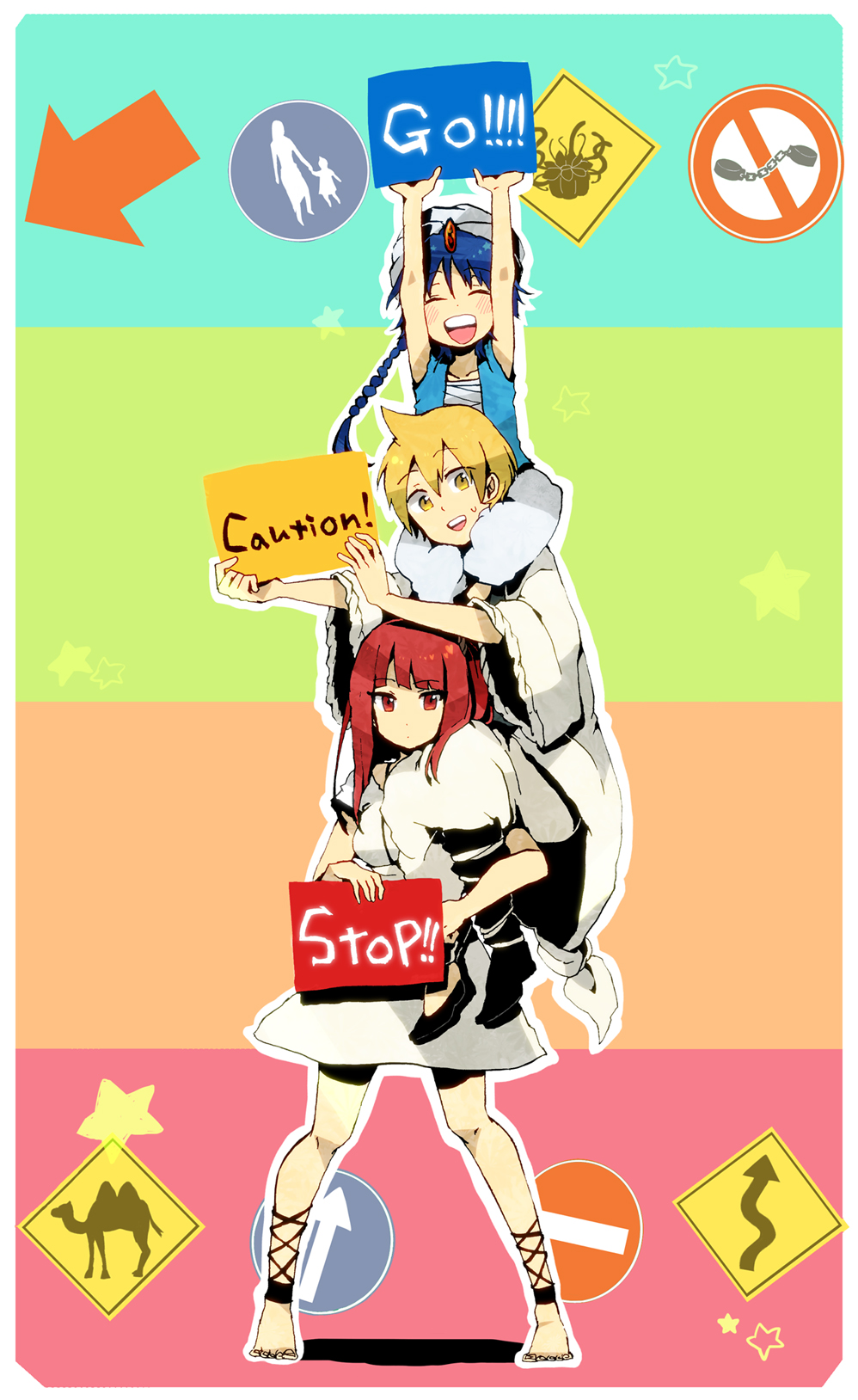 1girl, 2boys, ahoge, aladdin_(magi), alibaba_saluja, ankle_lace-up, arms_up, artist_request, bad_id, bad_pixiv_id, baggy_pants, bandages, barefoot, blonde_hair, blue_hair, blush, border, braid, closed_eyes, cuffs, english_text, full_body, handcuffs, happy, highres, holding, holding_sign, long_hair, magi_the_labyrinth_of_magic, morgiana, multiple_boys, no_entry_sign, no_symbol, open_mouth, outline, pants, proceed_straight_sign, red_eyes, red_hair, road_sign, shackles, short_hair, sign, single_braid, smile, standing, star_(symbol), stop_sign, straight_ahead_sign, sweatdrop, turban, white_border, white_outline, yellow_eyes