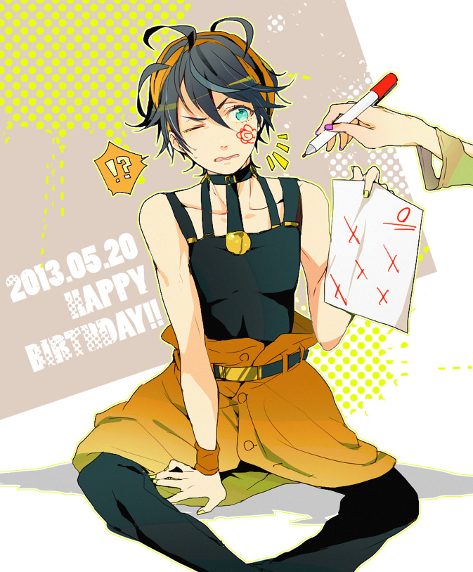 1boy, black_hair, blue_eyes, happy_birthday, headband, jojo_no_kimyou_na_bouken, male_focus, marker