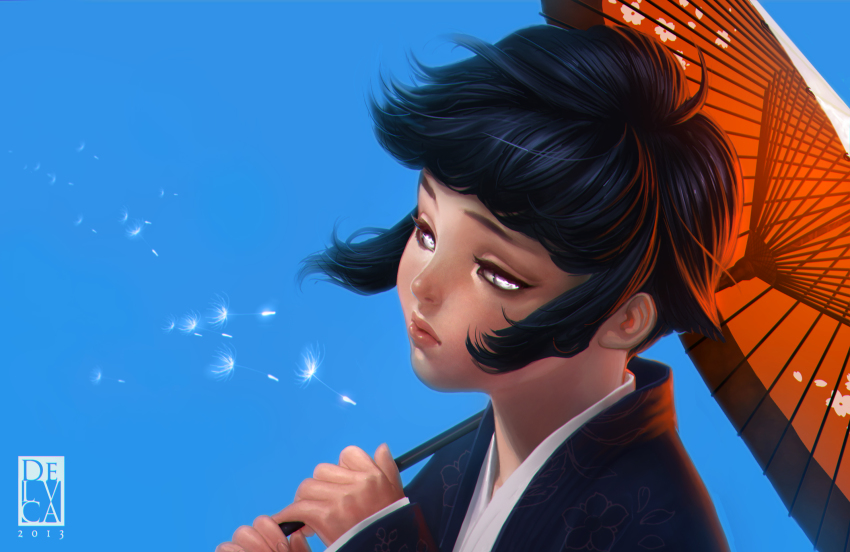 1girl, antonio_de_luca, black_hair, blue_background, eyelashes, half-closed_eyes, head_tilt, highres, holding, holding_umbrella, hyuuga_hinata, japanese_clothes, lips, naruto_(classic), naruto_(series), oil-paper_umbrella, portrait, short_hair, simple_background, umbrella, white_eyes