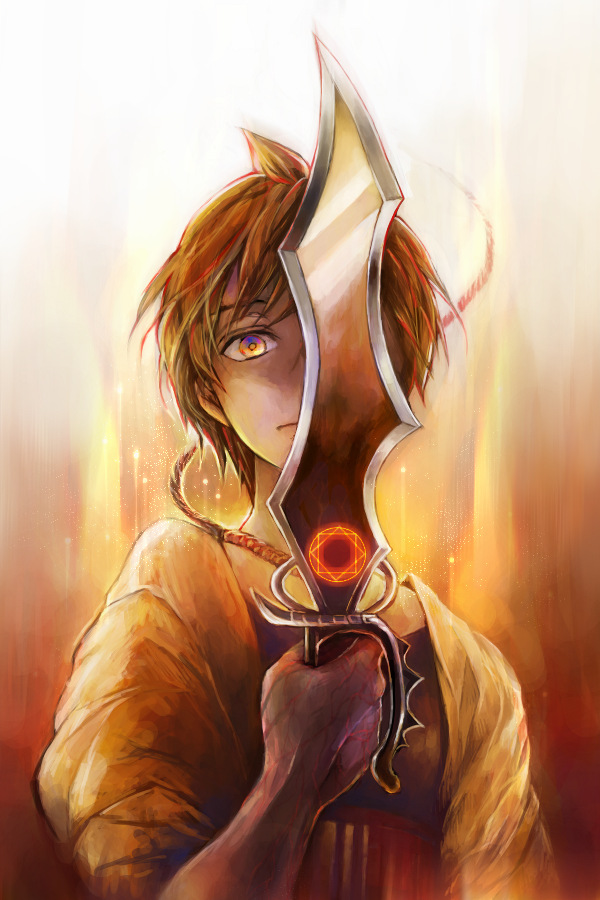 1boy, alibaba_saluja, covering_one_eye, dagger, holding, knife, magi_the_labyrinth_of_magic, magic_circle, male_focus, ron1031, serious, solo, veins, weapon