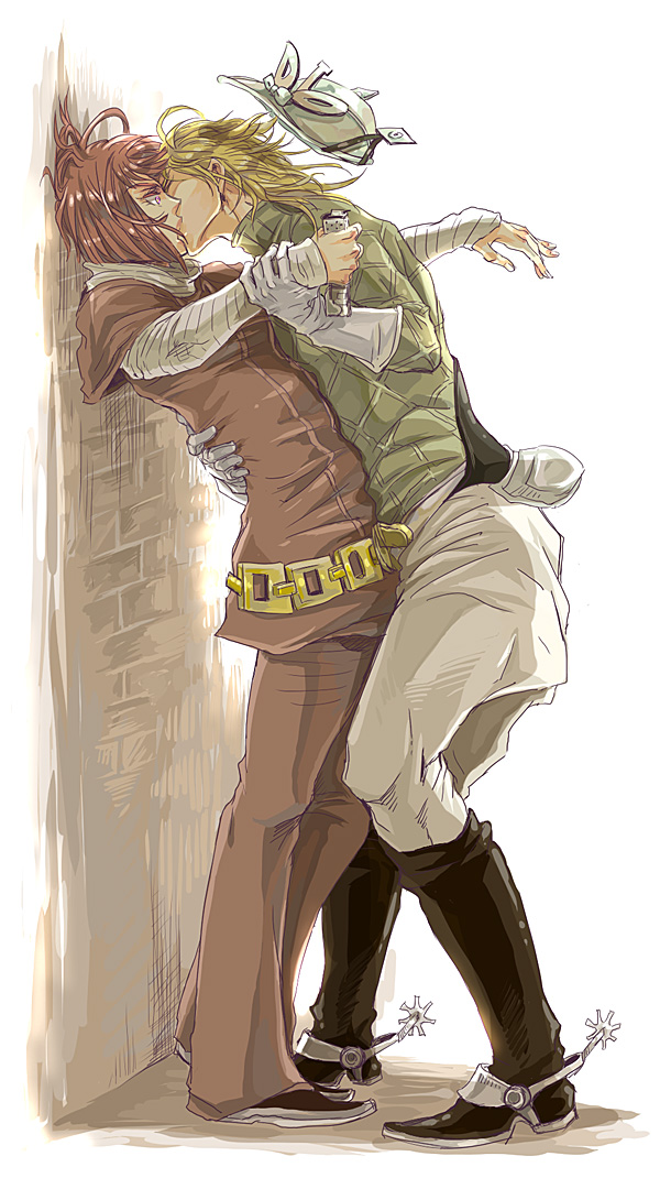 1boy, 1girl, against_wall, belt, blonde_hair, boots, chabasu, cream_starter_(stand), diego_brando, forced, gloves, hat, unworn_headwear, hetero, holding_another's_wrist, hot_pants_(sbr), jodhpurs, jojo_no_kimyou_na_bouken, kiss, pants, red_hair, short_hair, spurs, steel_ball_run, surprised, turtleneck