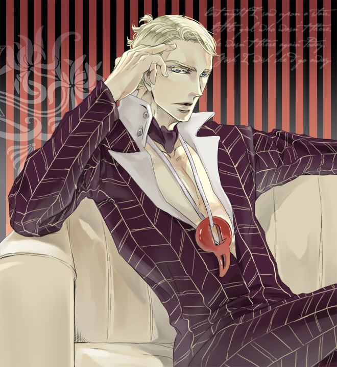 1boy, blonde_hair, blue_eyes, chabasu, formal_clothes, jewelry, jojo_no_kimyou_na_bouken, magatama