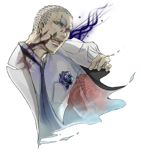 1boy, blood, blood_on_face, blue_flower, blue_rose, boutonniere, chabasu, eyebrows