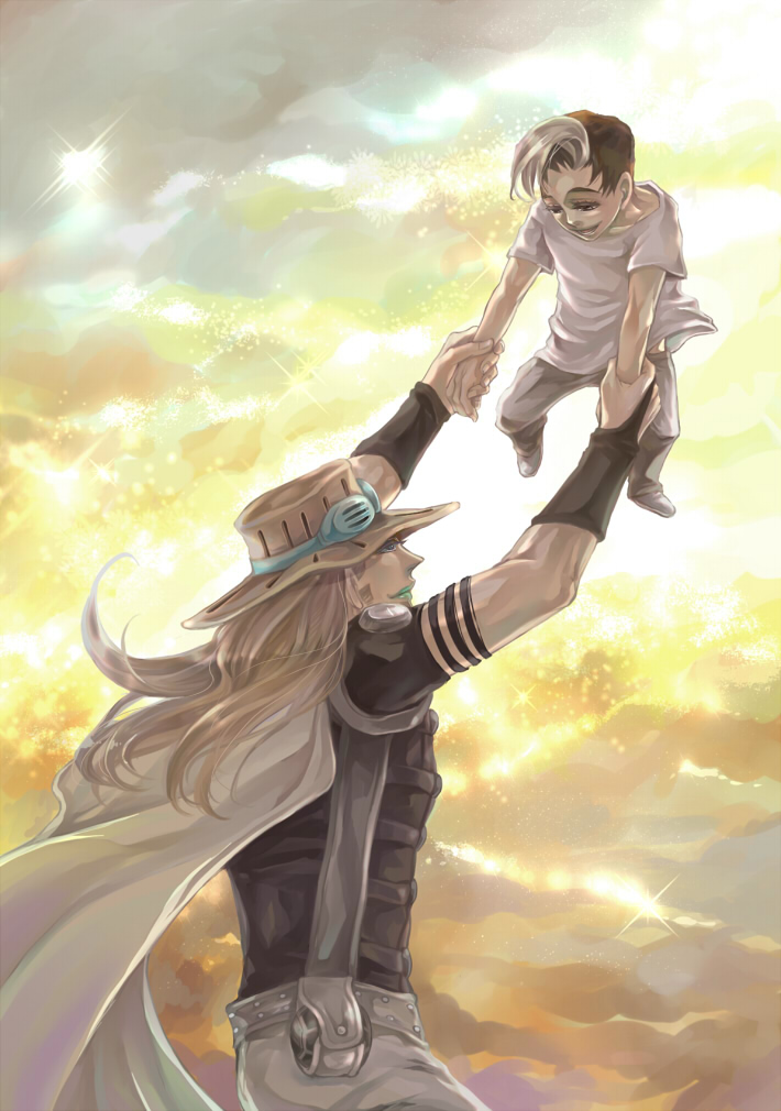 2boys, beard, black_hair, brown_hair, cape, carrying, chabasu, child