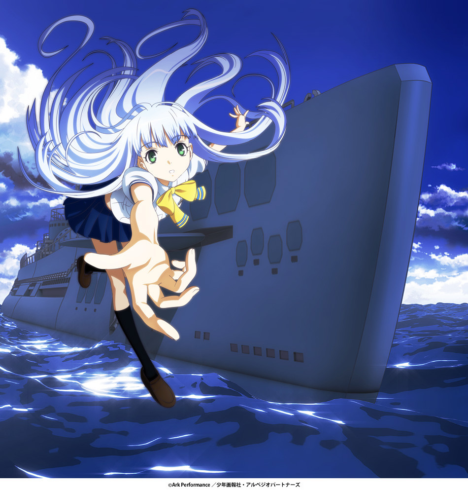 10s, 1girl, aoki_hagane_no_arpeggio, artist_request, barefoot, black_legwear, cloud, day