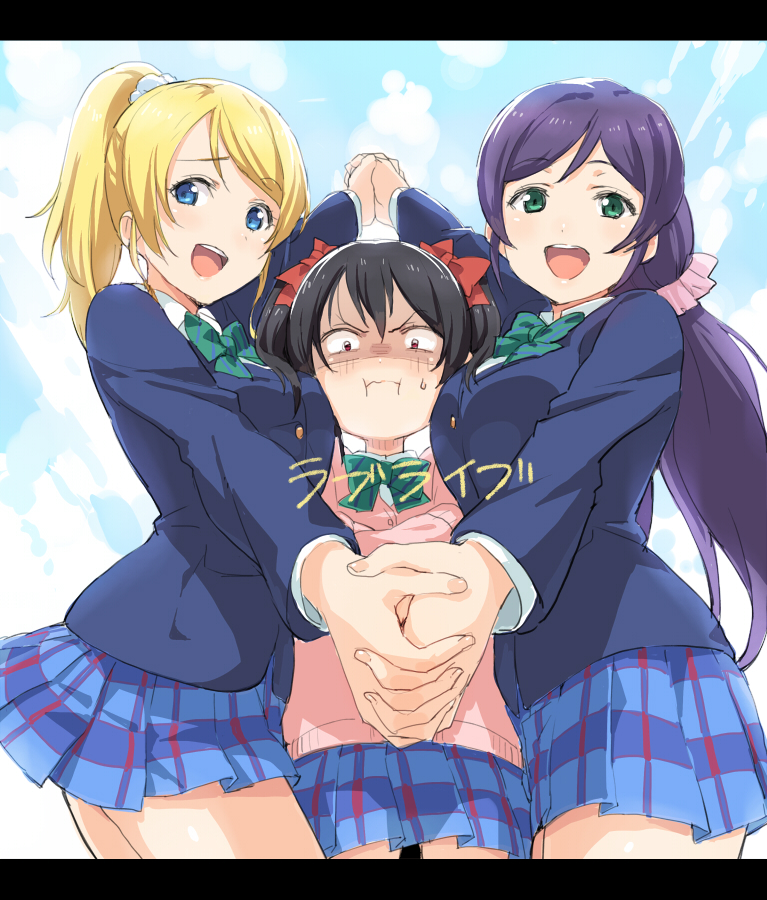 >:(, 10s, 3girls, :d, :i, ayase_eli, between_breasts, black_hair