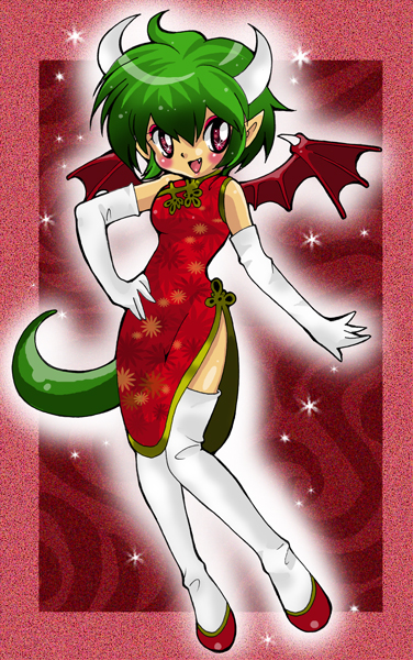 1girl, bat_wings, china_dress, chinese_clothes, draco_centauros, dress, elbow_gloves, female_focus, full_body, gloves, green_hair, hand_on_own_hip, horns, kaorin_minogue, madou_monogatari, pointy_ears, puyopuyo, red_background, red_eyes, shoes, short_hair, smile, solo, thighhighs, white_gloves, white_thighhighs, wings