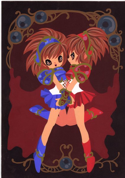 2girls, arle_nadja, armor, armored_dress, blue_footwear, blue_skirt, boots, brown_eyes, brown_hair, cape, compile, doppelganger_arle, dress, full_body, kaorin_minogue, madou_monogatari, multiple_girls, puyopuyo, puyopuyo_n, short_hair, skirt, smile, standing, standing_on_one_leg, symmetry