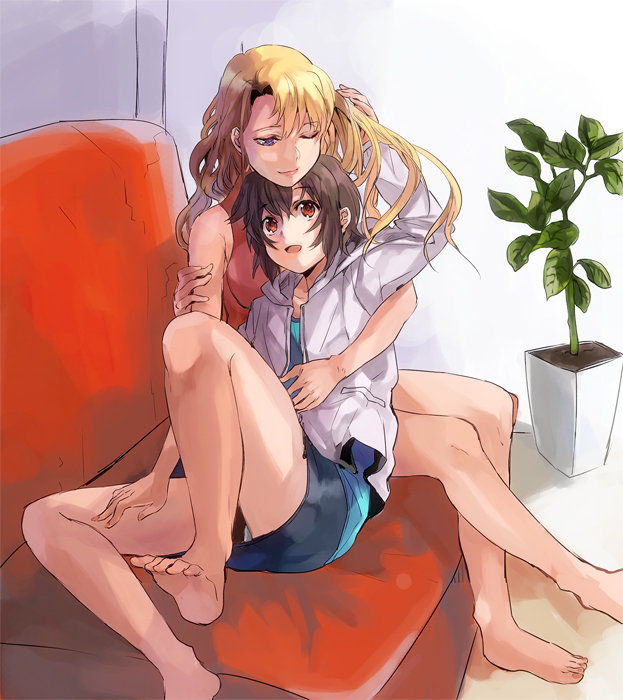 00s, 2girls, bare_shoulders, barefoot, black_hair, blonde_hair, blue_eyes, brown_eyes, couch, feet, female_focus, grabbing_another's_hair, happy, holding_another's_hair, hood, hoodie, hug, hug_from_behind, legs, long_hair, mireille_bouquet, mochako_(motyako), multiple_girls, noir_(anime), one_eye_closed, open_mouth, plant, potted_plant, shorts, sitting, sketch, smile, wink, yuri, yuumura_kirika