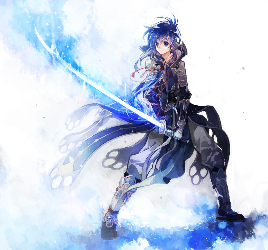 1boy, armor, bad_id, bad_pixiv_id, blue_eyes, blue_hair, fire_emblem, fire_emblem:_genealogy_of_the_holy_war, fire_emblem_awakening, glowing, glowing_sword, glowing_weapon, headband, japanese_clothes, katana, long_hair, male_focus, nintendo, sandals, seliph_(fire_emblem), solo_focus, sword, tr_night, weapon, yori_(tr)
