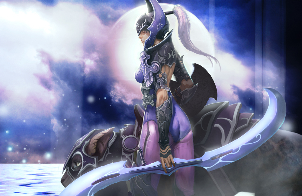 1girl, armor, ass, bodysuit, breasts, dota_(series), dota_2, helmet, longai, luna_(dota), medium_breasts, nova_(dota), ponytail, purple_bodysuit, sword, weapon