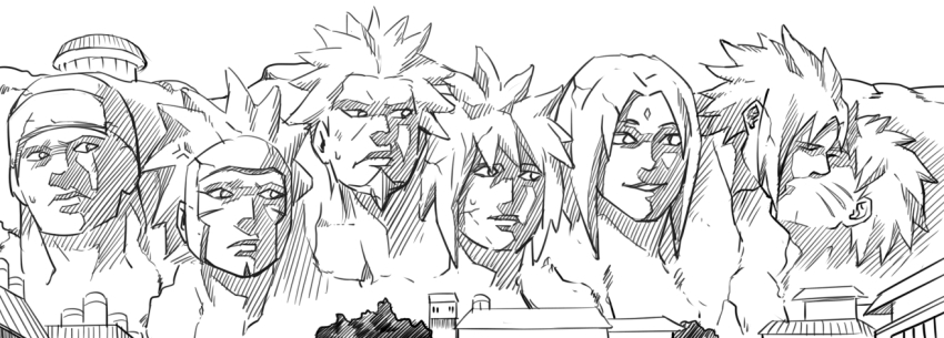 1girl, 6+boys, monochrome, mr_study, multiple_boys, namikaze_minato, naruto_(classic), naruto_(series)