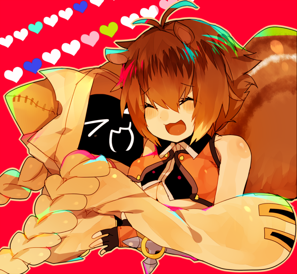 >_<, 2girls, :3, ^_^, animal_ears, arc_system_works, bad_id, bad_pixiv_id, blazblue, blazblue:_continuum_shift, blonde_hair, braid, brown_hair, closed_eyes, gloves, hood, hug, makoto_nanaya, mizuki_(pakuchoi13), multiple_girls, smile, squirrel_ears, squirrel_tail, tail, taokaka, x3