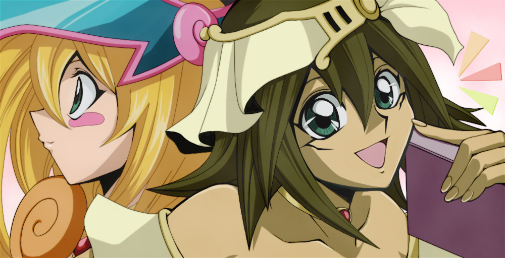 2girls, bad_id, bad_pixiv_id, bare_shoulders, blonde_hair, blush_stickers, brown_hair, choker, dark_magician_girl, dark_skin, dark-skinned_female, dual_persona, duel_monster, green_eyes, hat, long_hair, mana_(yu-gi-oh!), multiple_girls, open_mouth, xxxmana_tea, yu-gi-oh!, yu-gi-oh!_duel_monsters