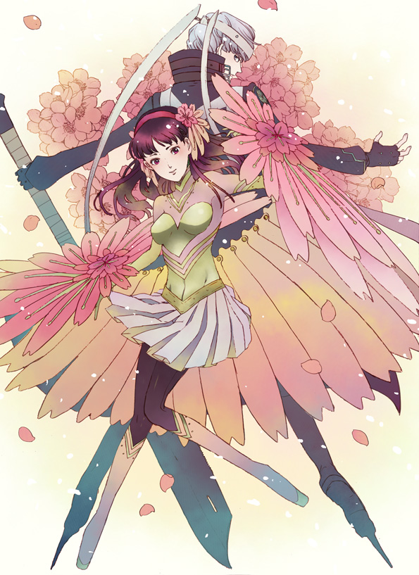 1boy, 1girl, amagi_yukiko, atlus, black_hair, cosplay, grey_eyes, grey_hair, hairband, haitokamakura, izanagi_(cosplay), izanagi_(persona_4), konohana_sakuya_(cosplay), konohana_sakuya_(persona), long_hair, megami_tensei, narukami_yu, pantyhose, persona, persona_4, red_eyes, sei_(hochi-chudesu), shin_megami_tensei, short_hair, skirt, smile