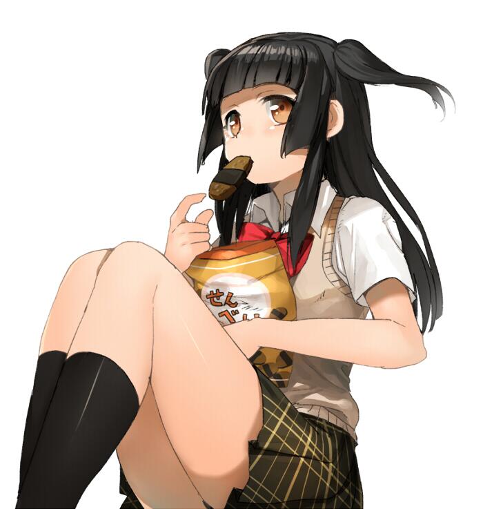 1girl, bad_id, bad_twitter_id, black_hair, bow, eating, erubo, female_focus