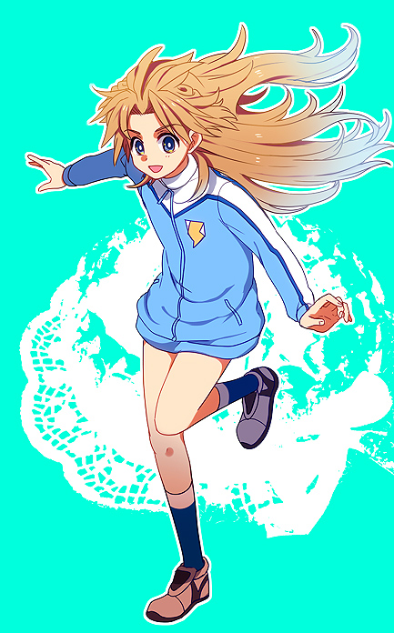 10s, 1boy, blonde_hair, bottomless, fusion, inazuma_eleven_(series), inazuma_eleven_go, inazuma_eleven_go_chrono_stone, inazuma_eleven_go_galaxy, jacket, king_arthur_(inazuma_eleven), lightning_bolt_symbol, long_hair, male_focus, matsukaze_tenma, nano_(lanthan00), shinsei_inazuma_japan, solo, track_jacket