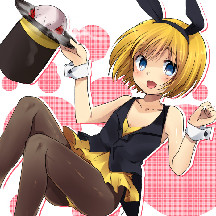 1boy, :d, androgynous, animal_ears, armin_arlert, bare_shoulders, black_pantyhose, blonde_hair