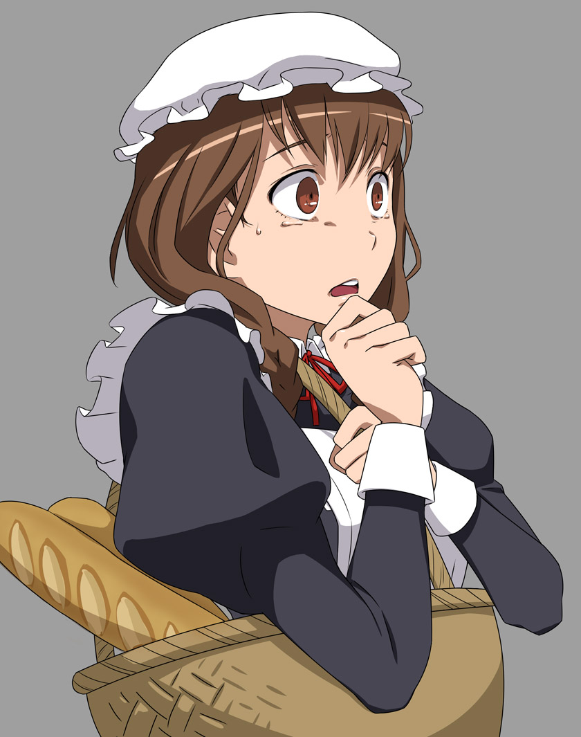 10s, 1girl, apron, baguette, basket, braid, bread, brown_eyes, brown_hair, female_focus, flat_color, food, grey_background, hat, long_hair, maid, maid_ane_(maoyuu), maid_apron, maoyuu_maou_yuusha, mob_cap, puffy_sleeves, puge, simple_background, solo, sweatdrop, tears, twin_braids, wide-eyed, wrist_cuffs