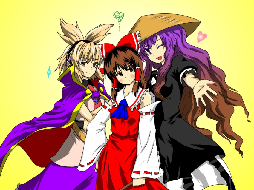 3girls, ajirogasa, akumatokeiyaku, ascot, belt, blush, bow, brown_eyes