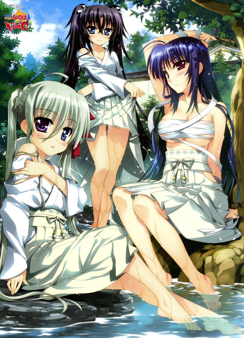 10s, 3girls, absurdres, ahoge, arm_up, bare_legs, barefoot, black_hair