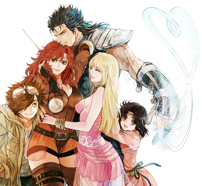 2boys, 3girls, airi_(hokuto_no_ken), bat_(hokuto_no_ken), black_hair, blue_hair, breasts, brown_eyes, brown_hair, child, closed_eyes, goggles, gradient_hair, height_difference, hokuto_no_ken, isi88, jobo_(isi88), large_breasts, lin_(hokuto_no_ken), long_hair, mamiya_(hokuto_no_ken), medium_breasts, multicolored_hair, multiple_boys, multiple_girls, red_eyes, red_hair, rei_(hokuto_no_ken), short_hair, siblings