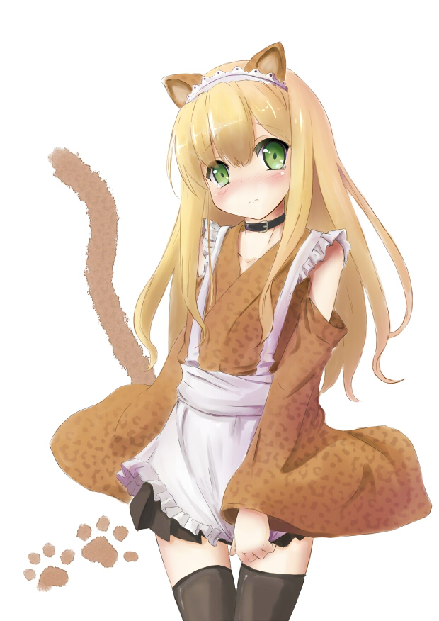10s, 1girl, animal_ears, apron, azuki_azusa, black_thighhighs, blonde_hair, blush
