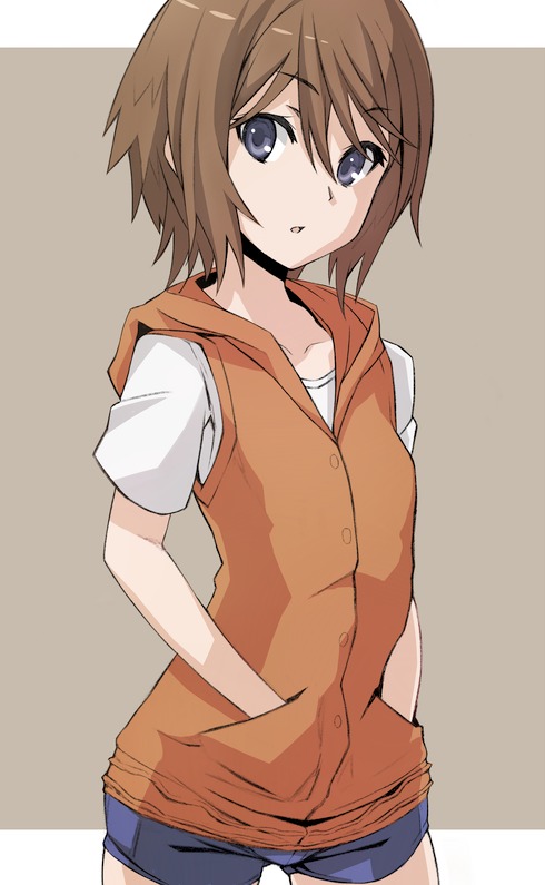 1girl, bad_id, bad_pixiv_id, blue_eyes, brown_hair, bute_(butegram), buts, chestnut_mouth, child, female_focus, hands_in_pockets, hood, hood_down, hoodie, kinuhata_saiai, shirt, short_hair, shorts, sleeveless, sleeveless_hoodie, solo, t-shirt, toaru_kagaku_no_railgun, toaru_kagaku_no_railgun_s, toaru_majutsu_no_index