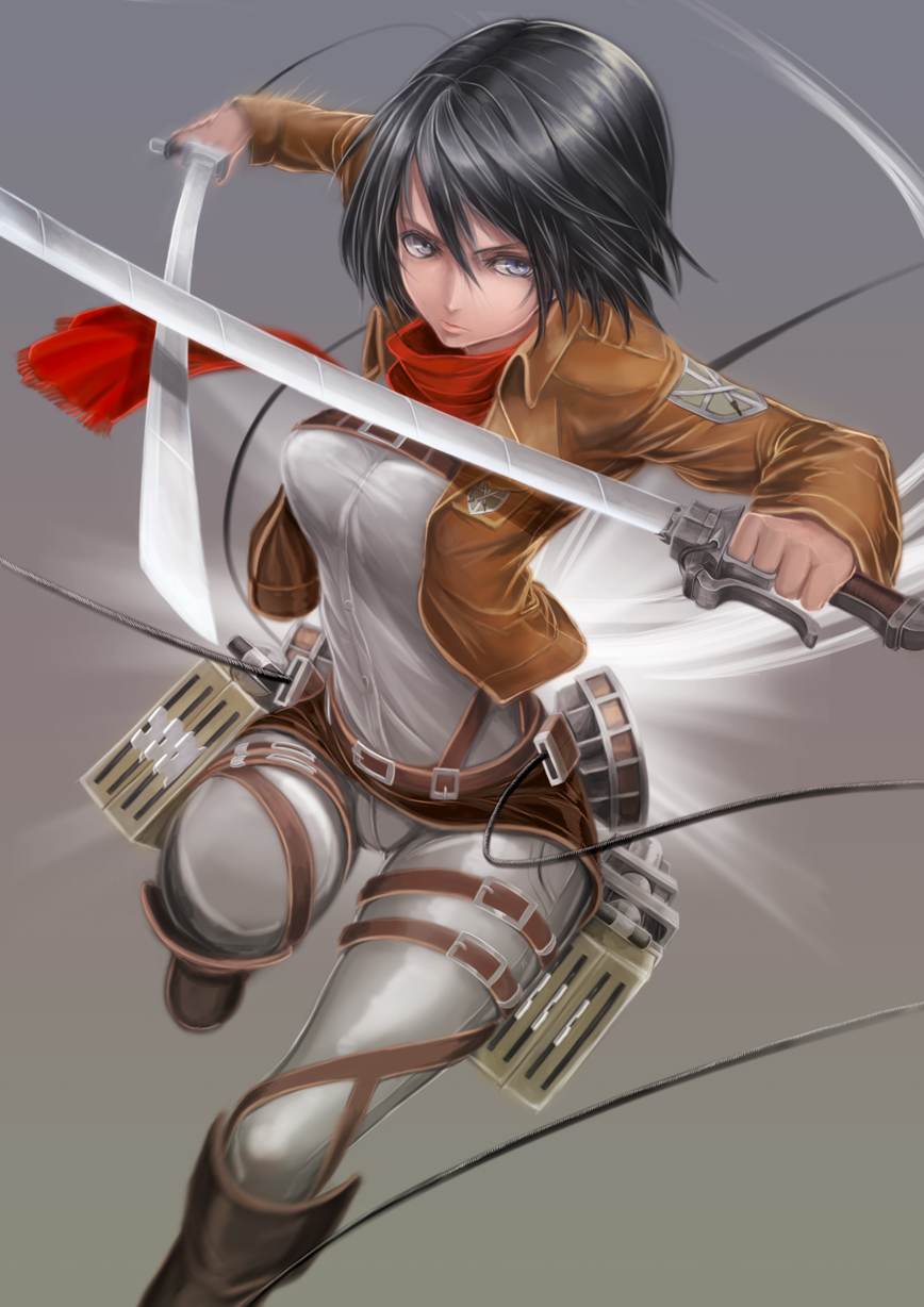 1girl, belt, black_hair, boots, dual_wielding, female_focus, highres, holding, jacket, mikasa_ackerman, motion_blur, omochi, omochi_(kr12081012), scarf, shingeki_no_kyojin, short_hair, solo, sword, thigh_strap, three-dimensional_maneuver_gear, weapon, wire