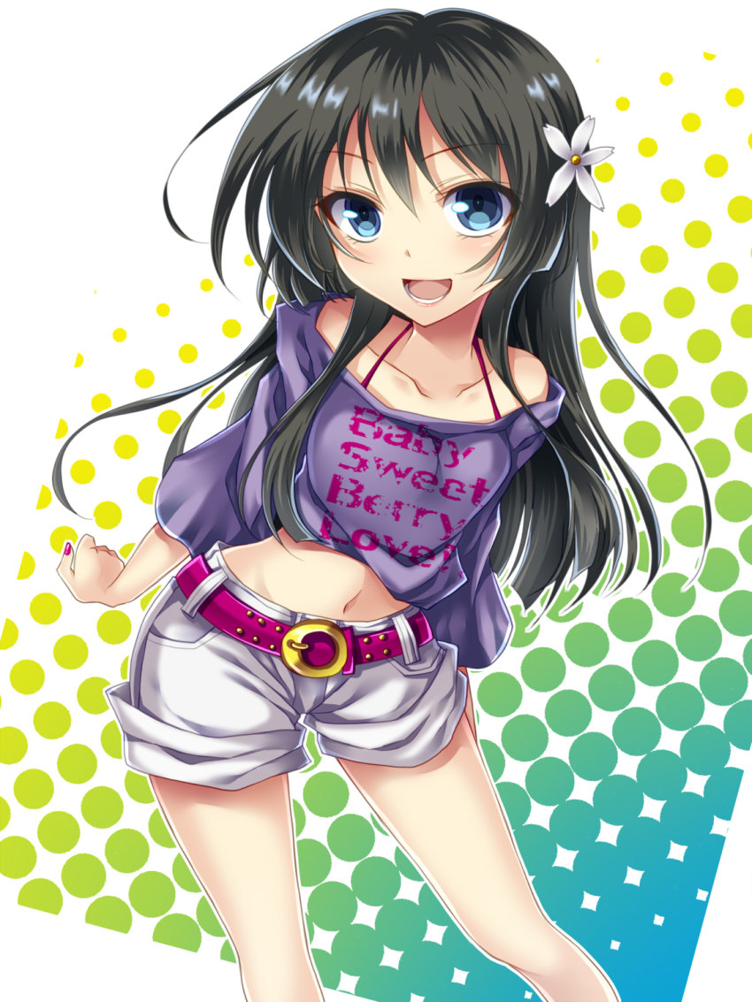 10s, 1girl, :d, belt, black_hair, blue_eyes, casual, clothes_writing
