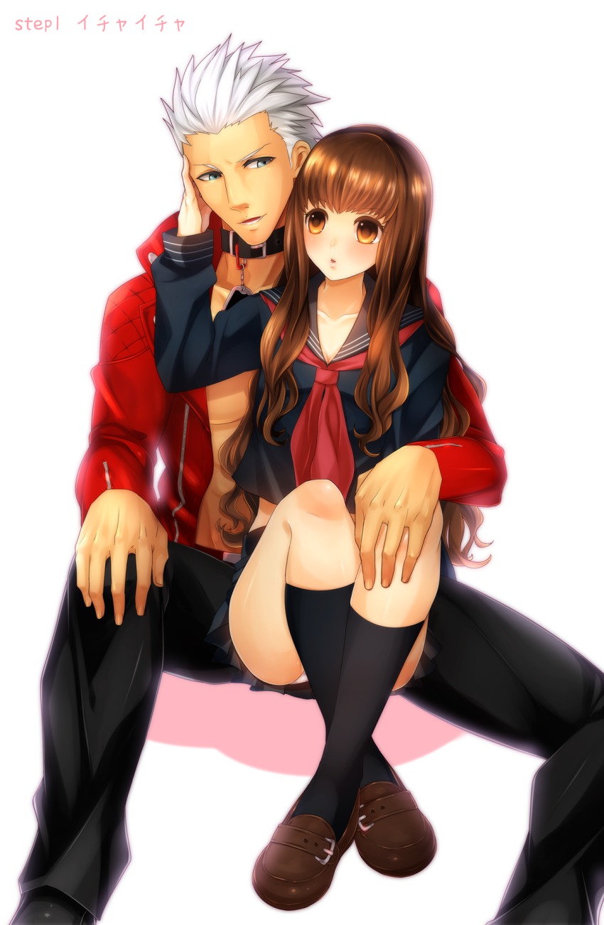 10s, 1boy, 1girl, archer_(cool_and_wild)_(fate), archer_(fate), brown_eyes, brown_hair, collar