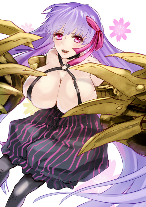 10s, 1girl, breasts, claws, fate/extra, fate/extra_ccc, fate_(series), female_focus, hair_ribbon, homutatu, huge_breasts, long_hair, pants, pantyhose, passionlip_(fate), pink_eyes, purple_eyes, purple_hair, ribbon, smile, solo