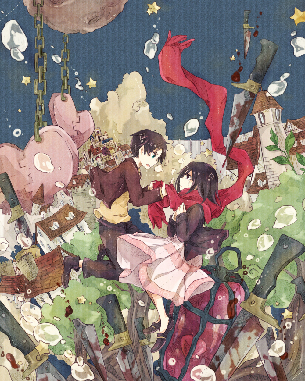 1boy, 1girl, aged_down, bad_id, bad_pixiv_id, basara_masa, black_hair, blood, brown_eyes, cage, chain, child, city, eren_yeager, falling, green_eyes, heart, highres, house, knife, mikasa_ackerman, scarf, shingeki_no_kyojin, short_hair, star_(symbol), surreal, tears, tree, wall