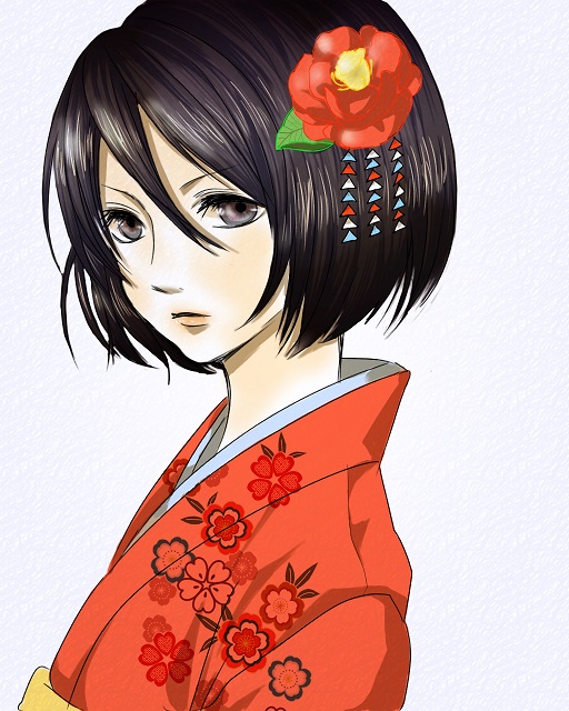black_eyes, flower, hair_flower, hair_ornament, japanese_clothes, kimono, liruty, mikasa_ackerman