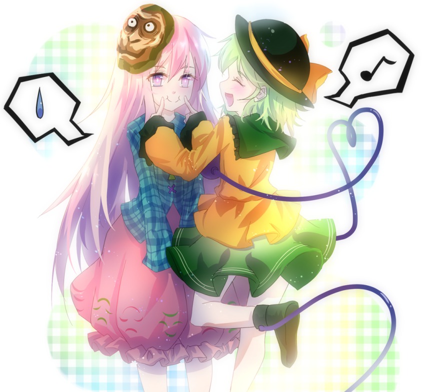 152971, 2girls, :i, bow, bubble_skirt, expressionless, eyeball, female_focus, forced_smile, green_hair, hair_bow, hat, hat_ribbon, hata_no_kokoro, heart, heart_of_string, hopeless_masquerade, katee, komeiji_koishi, long_hair, long_sleeves, mask, multiple_girls, musical_note, open_mouth, pink_eyes, pink_hair, plaid_clothes, plaid_shirt, ribbon, shirt, short_hair, skirt, smile, spoken_musical_note, spoken_sweatdrop, star_(symbol), sweatdrop, third_eye, touhou, triangle