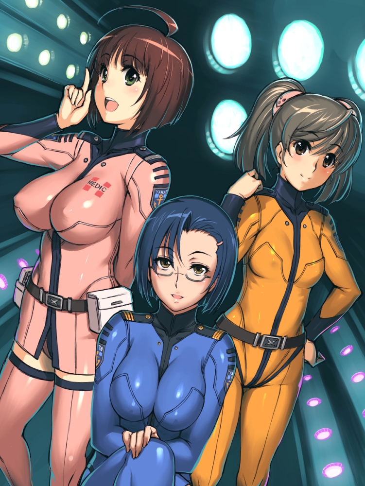 10s, 3girls, :d, ahoge, blue_bodysuit, blue_hair, bob_cut, bodysuit