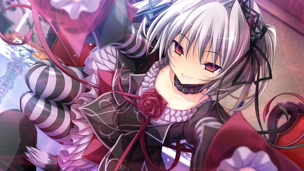 1girl, alice's_adventures_in_wonderland, bad_id, bad_twitter_id, cheshire_cat_(alice_in_wonderland), cheshire_cat_(cosplay), clear_blue_communications, cosplay, dress, female_focus, flower, game_cg, gothic_lolita, hair_ornament, hair_ribbon, hapymaher, koku, lolita_fashion, looking_at_viewer, naitou_maia, naughty_face, neck_garter, petite, purple_software, red_eyes, ribbon, rose, silver_hair, smile, solo, striped_clothes, striped_thighhighs, teeth, thighhighs, twintails