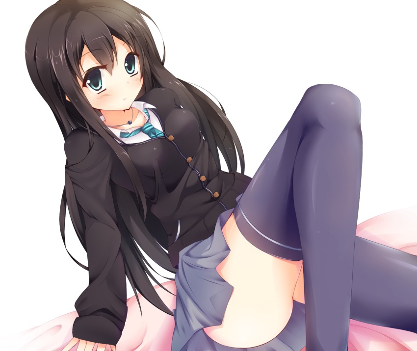 10s, 1girl, aqua_eyes, black_hair, black_thighhighs, blush, collarbone, female_focus