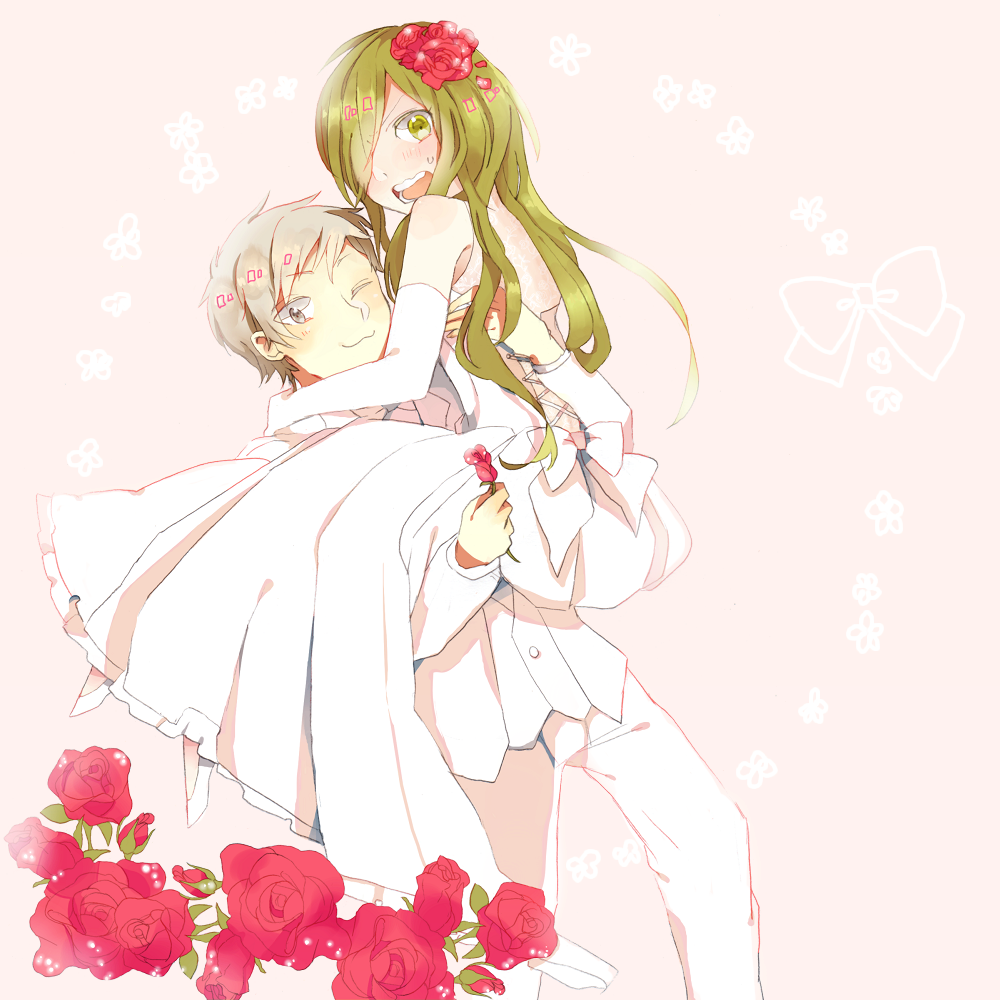 1boy, 1girl, bad_id, bad_pixiv_id, bare_shoulders, bride, carrying, couple